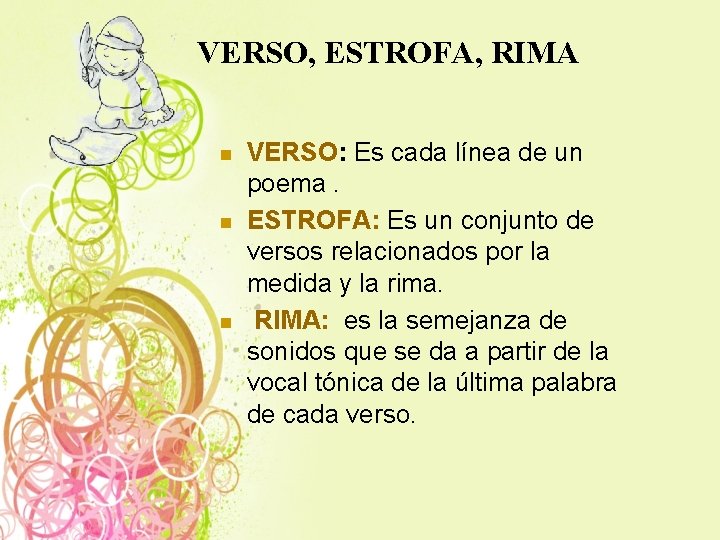 VERSO, ESTROFA, RIMA n n n VERSO: Es cada línea de un poema. ESTROFA: VERSO, ESTROFA, RIMA n n n VERSO: Es cada línea de un poema. ESTROFA: