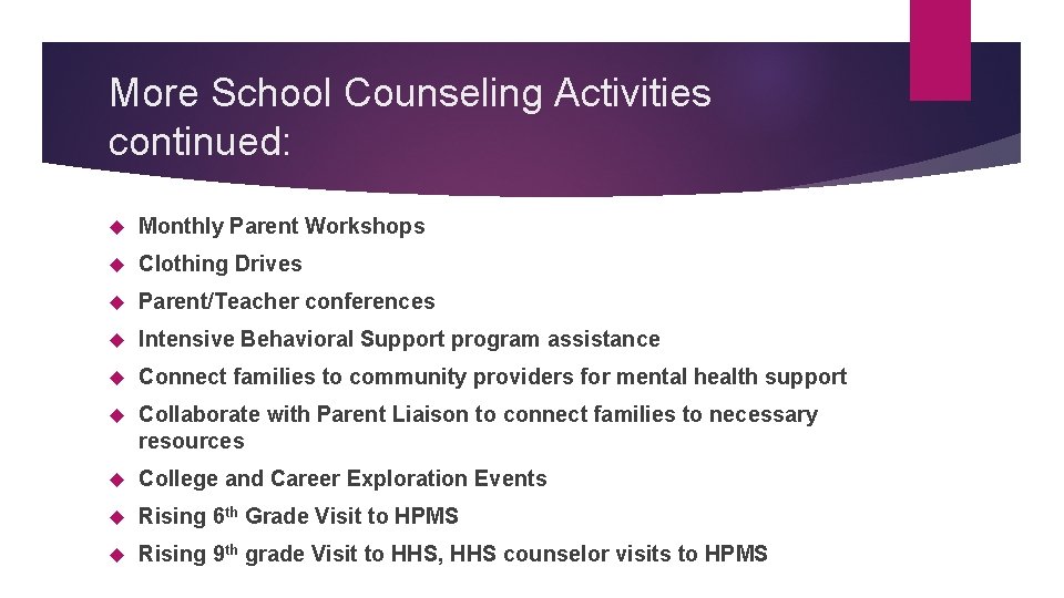 More School Counseling Activities continued: Monthly Parent Workshops Clothing Drives Parent/Teacher conferences Intensive Behavioral