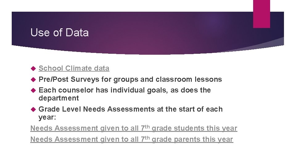 Use of Data School Climate data Pre/Post Surveys for groups and classroom lessons Each