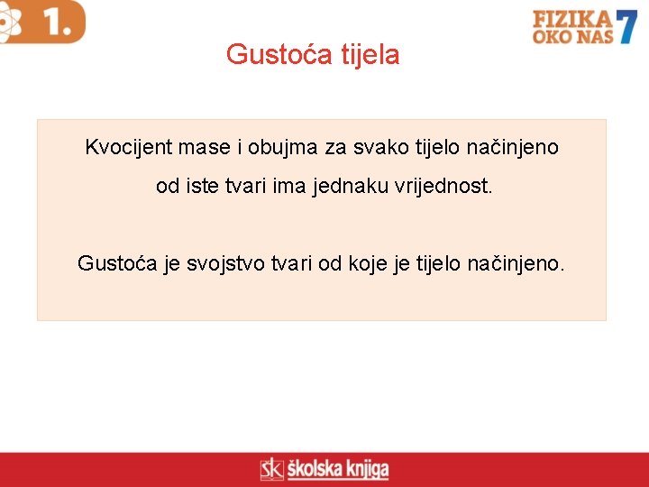 Gustoća tijela Kvocijent mase i obujma za svako tijelo načinjeno od iste tvari ima