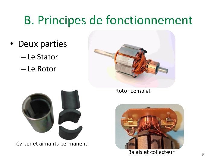 B. Principes de fonctionnement • Deux parties – Le Stator – Le Rotor complet