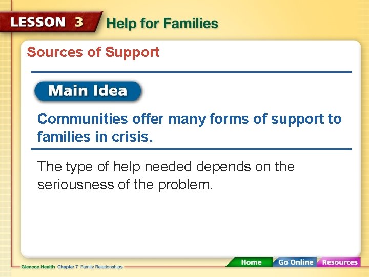 Sources of Support Communities offer many forms of support to families in crisis. The