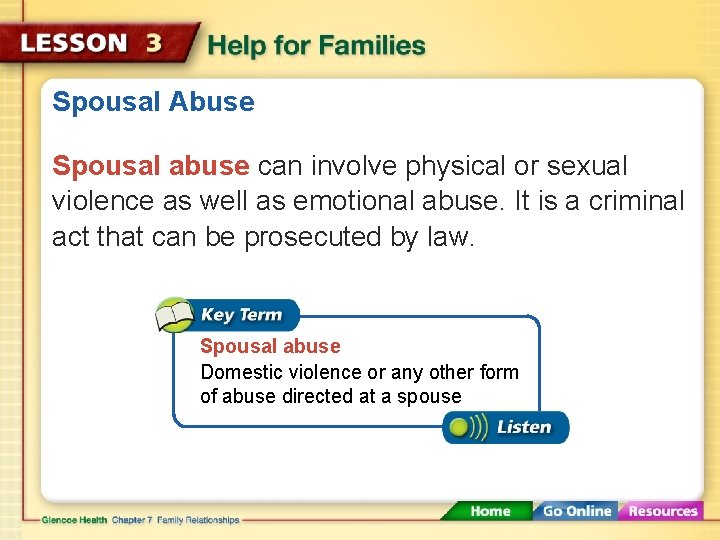 Spousal Abuse Spousal abuse can involve physical or sexual violence as well as emotional