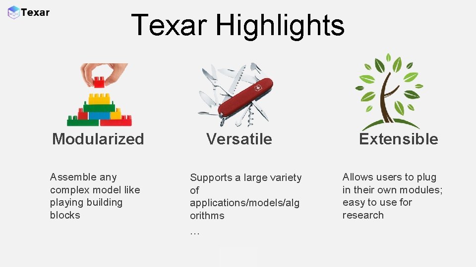 Texar Highlights Modularized Assemble any complex model like playing building blocks Versatile Supports a