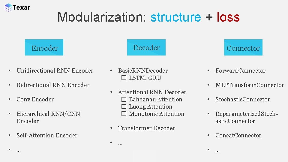 Modularization: structure + loss Decoder Encoder • Unidirectional RNN Encoder • Basic. RNNDecoder �