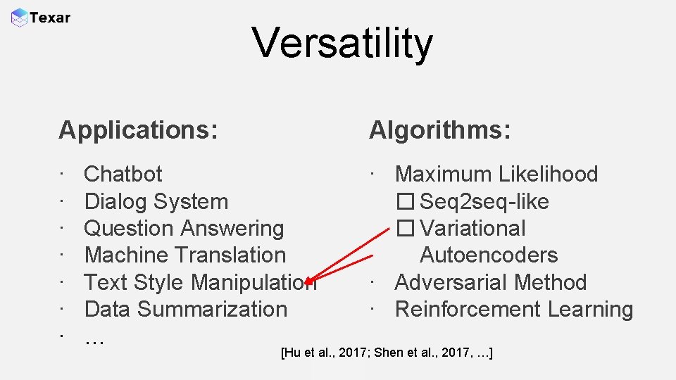 Versatility Applications: Algorithms: ∙ ∙ ∙ ∙ Maximum Likelihood � Seq 2 seq-like �