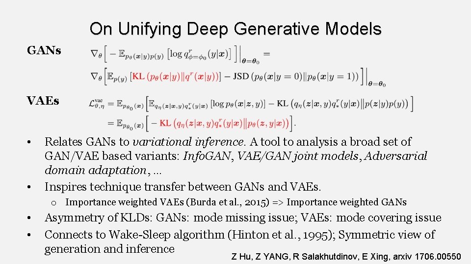 On Unifying Deep Generative Models GANs VAEs • • Relates GANs to variational inference.