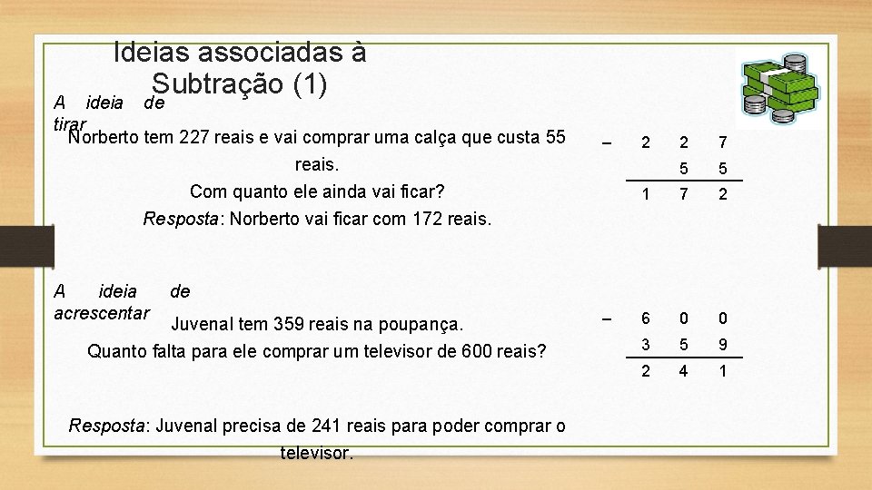 Ideias associadas à Subtração (1) A ideia de tirar Norberto tem 227 reais e Ideias associadas à Subtração (1) A ideia de tirar Norberto tem 227 reais e