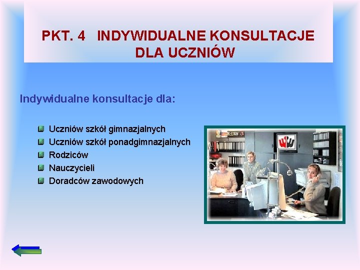 PKT. 4 INDYWIDUALNE KONSULTACJE DLA UCZNIÓW Indywidualne konsultacje dla: Uczniów szkół gimnazjalnych Uczniów szkół