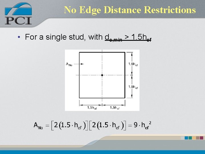 No Edge Distance Restrictions • For a single stud, with de, min > 1. No Edge Distance Restrictions • For a single stud, with de, min > 1.