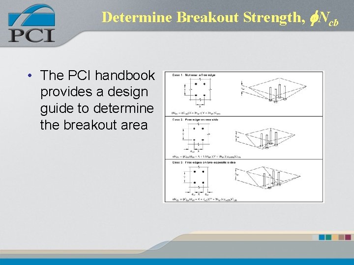 Determine Breakout Strength, f. Ncb • The PCI handbook provides a design guide to Determine Breakout Strength, f. Ncb • The PCI handbook provides a design guide to