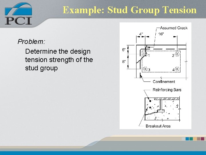 Example: Stud Group Tension Problem: Determine the design tension strength of the stud group Example: Stud Group Tension Problem: Determine the design tension strength of the stud group