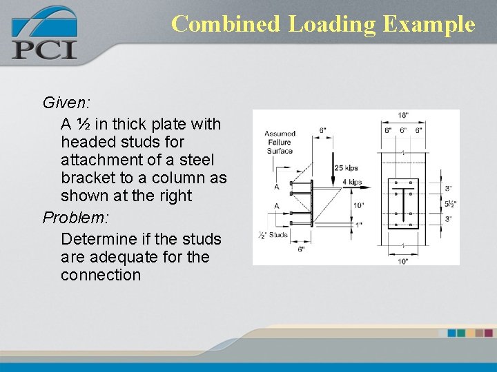Combined Loading Example Given: A ½ in thick plate with headed studs for attachment Combined Loading Example Given: A ½ in thick plate with headed studs for attachment