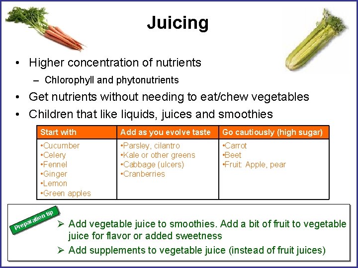 Juicing • Higher concentration of nutrients – Chlorophyll and phytonutrients • Get nutrients without