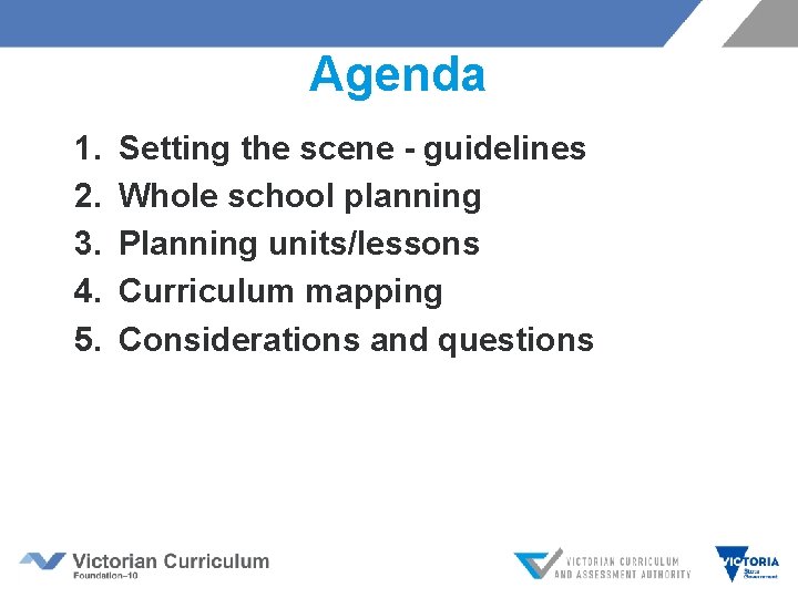 Agenda 1. 2. 3. 4. 5. Setting the scene - guidelines Whole school planning
