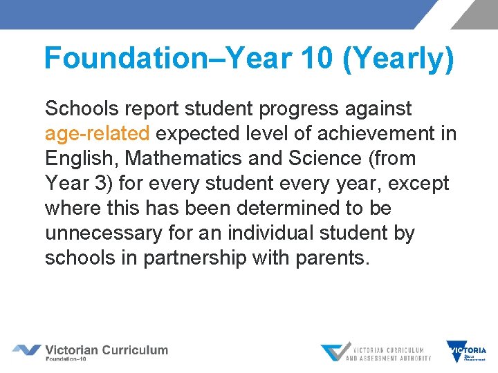 Foundation–Year 10 (Yearly) Schools report student progress against age-related expected level of achievement in