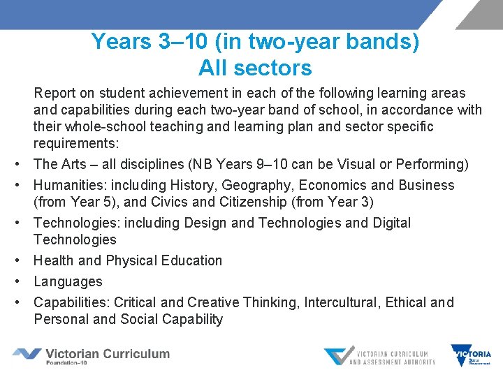 Years 3– 10 (in two-year bands) All sectors Report on student achievement in each