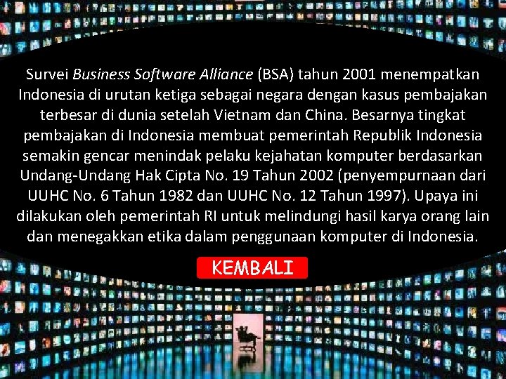 Survei Business Software Alliance (BSA) tahun 2001 menempatkan Indonesia di urutan ketiga sebagai negara