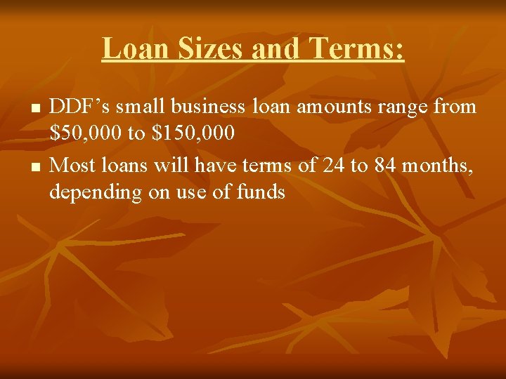 Loan Sizes and Terms: n n DDF’s small business loan amounts range from $50,