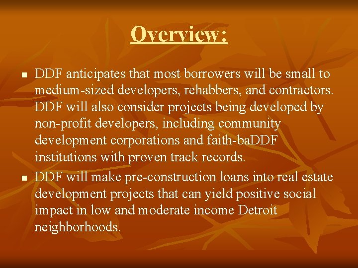 Overview: n n DDF anticipates that most borrowers will be small to medium-sized developers,