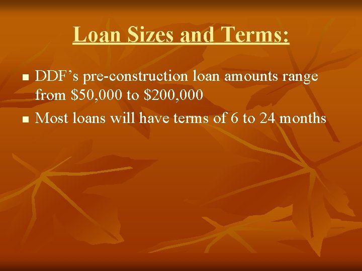 Loan Sizes and Terms: n n DDF’s pre-construction loan amounts range from $50, 000