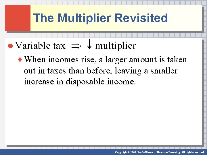 The Multiplier Revisited ● Variable tax multiplier ♦ When incomes rise, a larger amount The Multiplier Revisited ● Variable tax multiplier ♦ When incomes rise, a larger amount
