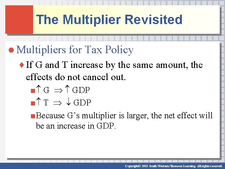 The Multiplier Revisited ● Multipliers for Tax Policy ♦ If G and T increase The Multiplier Revisited ● Multipliers for Tax Policy ♦ If G and T increase