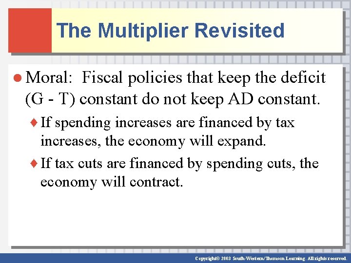 The Multiplier Revisited ● Moral: Fiscal policies that keep the deficit (G - T) The Multiplier Revisited ● Moral: Fiscal policies that keep the deficit (G - T)