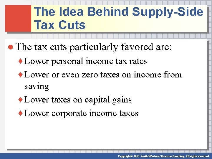 The Idea Behind Supply-Side Tax Cuts ● The tax cuts particularly favored are: ♦ The Idea Behind Supply-Side Tax Cuts ● The tax cuts particularly favored are: ♦