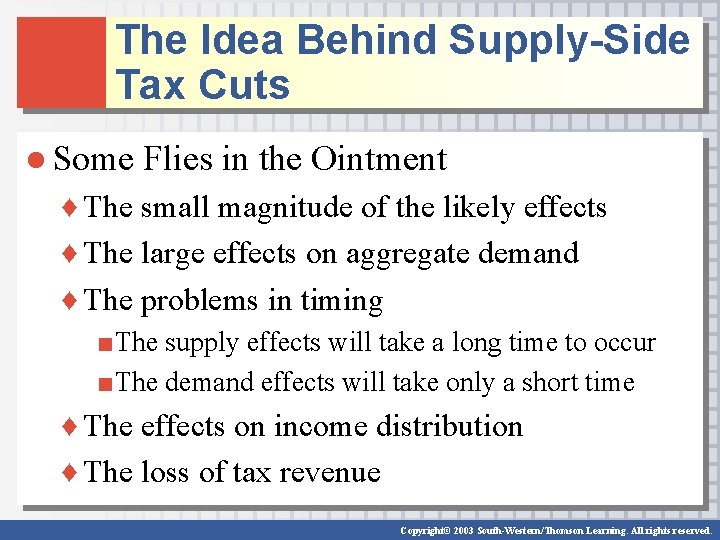 The Idea Behind Supply-Side Tax Cuts ● Some Flies in the Ointment ♦ The The Idea Behind Supply-Side Tax Cuts ● Some Flies in the Ointment ♦ The