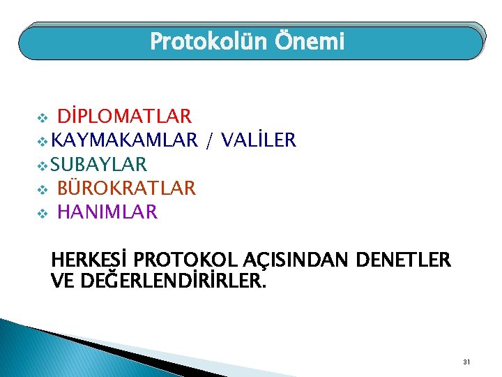 Protokolün Önemi DİPLOMATLAR v KAYMAKAMLAR / VALİLER v SUBAYLAR v BÜROKRATLAR v HANIMLAR v