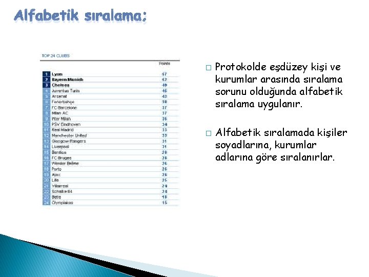 Alfabetik sıralama; � � Protokolde eşdüzey kişi ve kurumlar arasında sıralama sorunu olduğunda alfabetik