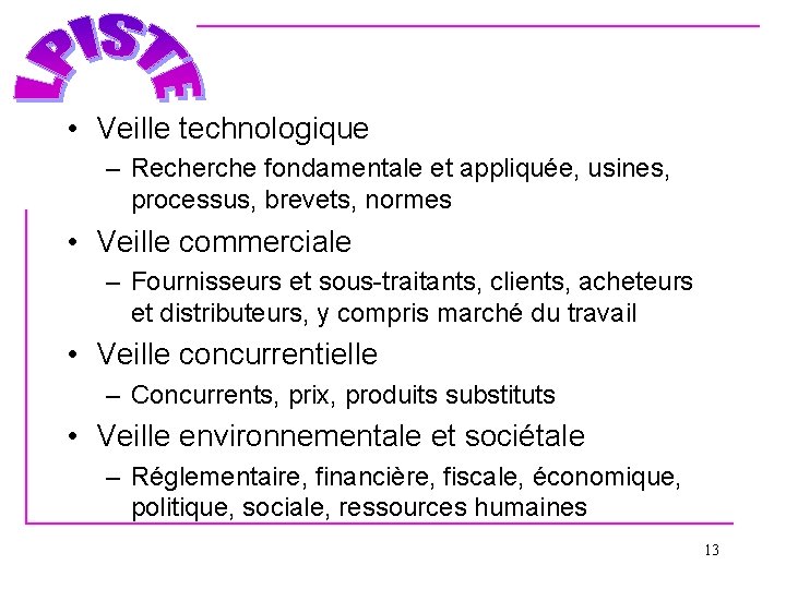  • Veille technologique – Recherche fondamentale et appliquée, usines, processus, brevets, normes •