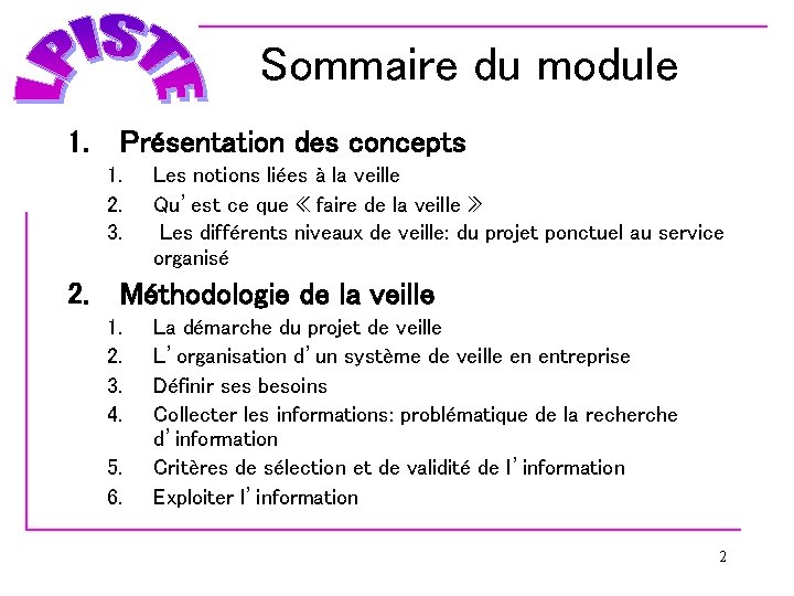 Sommaire du module 1. Présentation des concepts 1. 2. 3. Les notions liées à