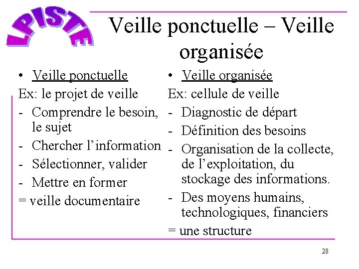 Veille ponctuelle – Veille organisée • Veille ponctuelle Ex: le projet de veille -