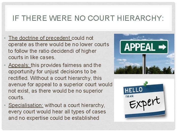 IF THERE WERE NO COURT HIERARCHY: • The doctrine of precedent could not operate