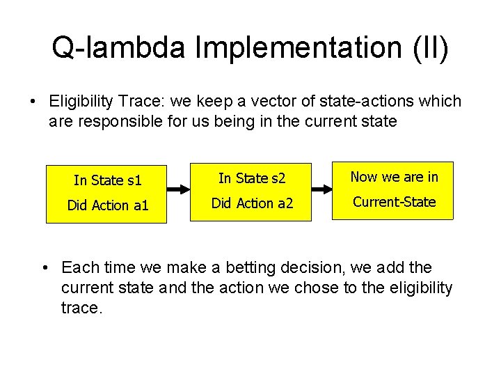 Q-lambda Implementation (II) • Eligibility Trace: we keep a vector of state-actions which are