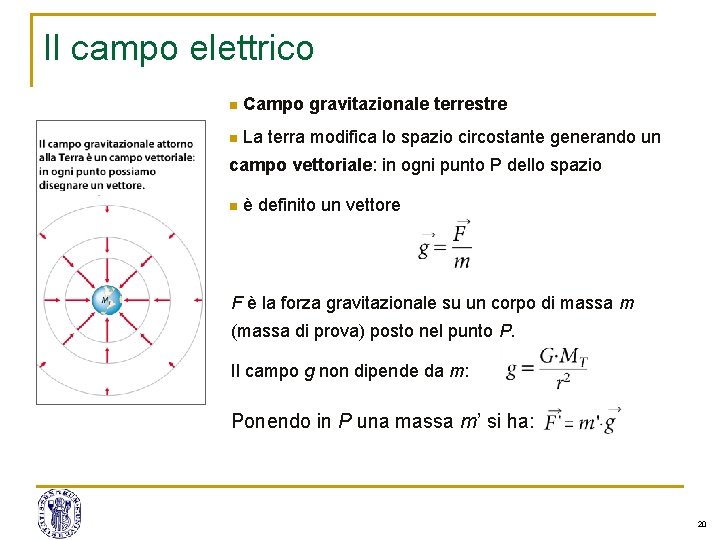 Il campo elettrico n Campo gravitazionale terrestre n La terra modifica lo spazio circostante Il campo elettrico n Campo gravitazionale terrestre n La terra modifica lo spazio circostante