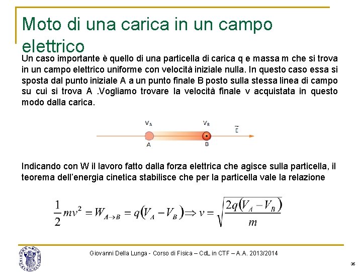 Moto di una carica in un campo elettrico Un caso importante è quello di Moto di una carica in un campo elettrico Un caso importante è quello di