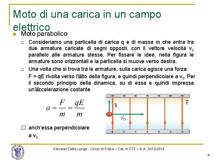 Moto di una carica in un campo elettrico n Moto parabolico q q Consideriamo Moto di una carica in un campo elettrico n Moto parabolico q q Consideriamo