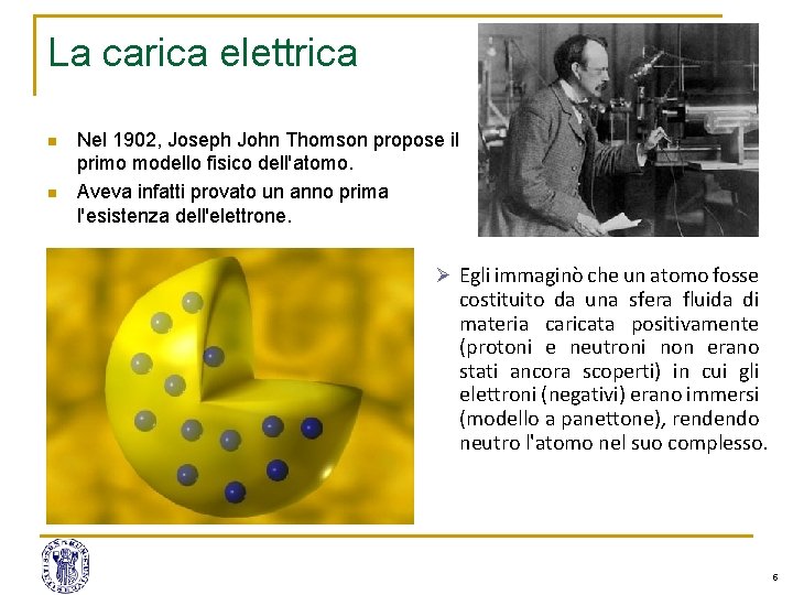 La carica elettrica n n Nel 1902, Joseph John Thomson propose il primo modello La carica elettrica n n Nel 1902, Joseph John Thomson propose il primo modello