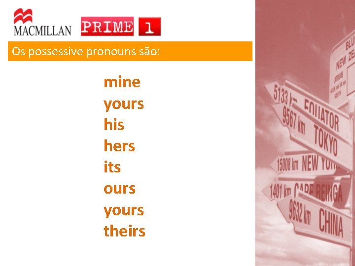 Os possessive pronouns são: mine yours his hers its ours yours theirs 