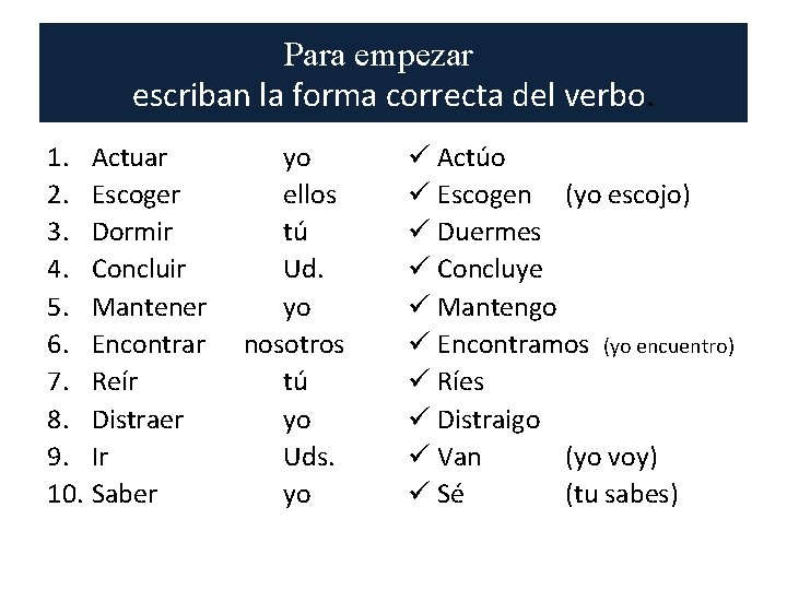 Para empezar escriban la forma correcta del verbo. 1. Actuar 2. Escoger 3. Dormir