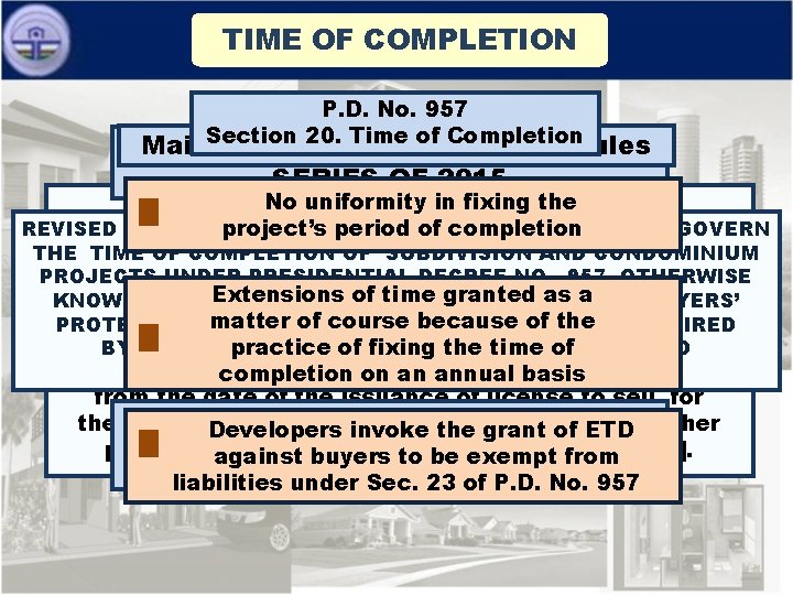TIME OF COMPLETION Current Issues P. D. No. and 957 Concerns on Time 20.
