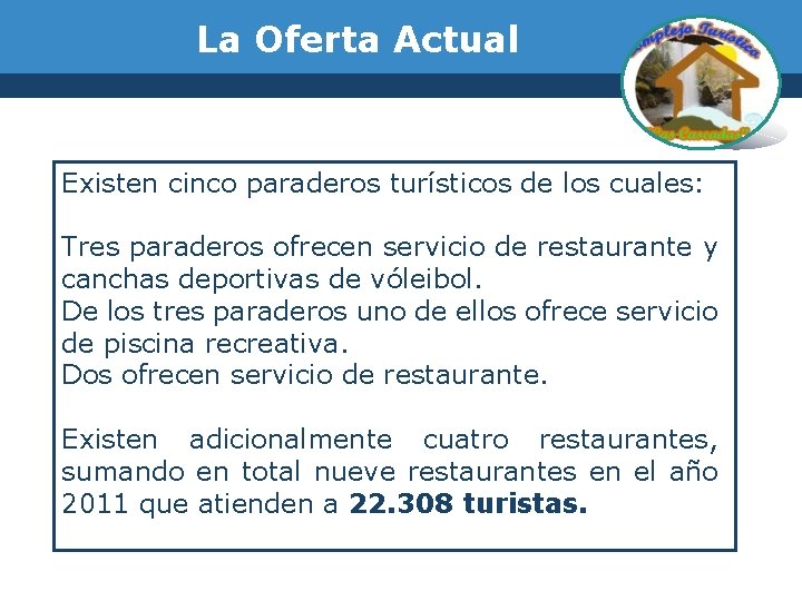 La Oferta Actual Existen cinco paraderos turísticos de los cuales: Tres paraderos ofrecen servicio