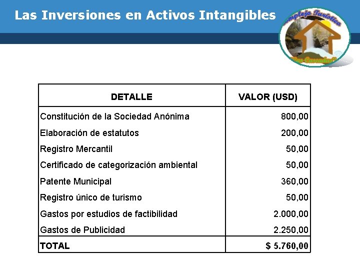 Las Inversiones en Activos Intangibles DETALLE VALOR (USD) Constitución de la Sociedad Anónima 800,