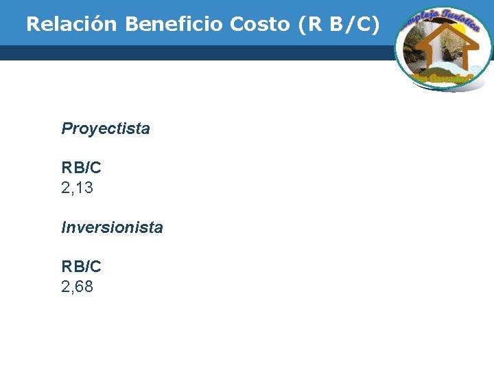 Relación Beneficio Costo (R B/C) Proyectista RB/C 2, 13 Inversionista RB/C 2, 68 