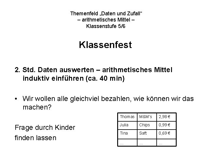 Themenfeld „Daten und Zufall“ – arithmetisches Mittel – Klassenstufe 5/6 Klassenfest 2. Std. Daten