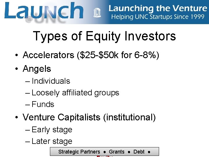 Types of Equity Investors • Accelerators ($25 -$50 k for 6 -8%) • Angels