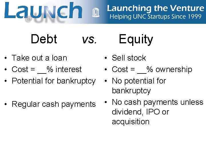 Debt vs. Equity • Take out a loan • Sell stock • Cost =